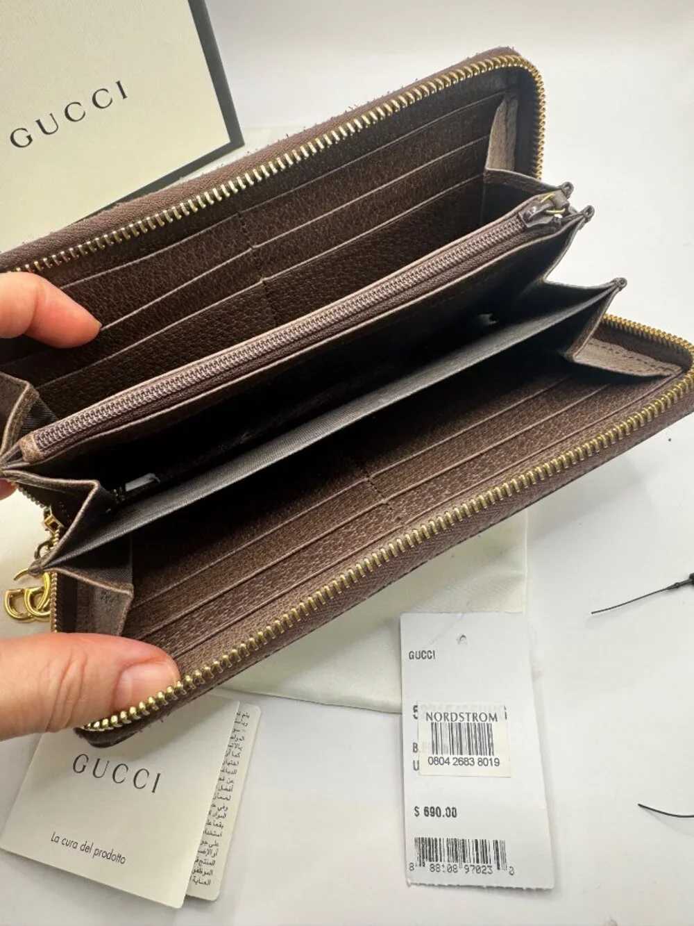 Authentic Gucci Ophelia Wallet Zip Around Web Stripe W Box and Dust Bag